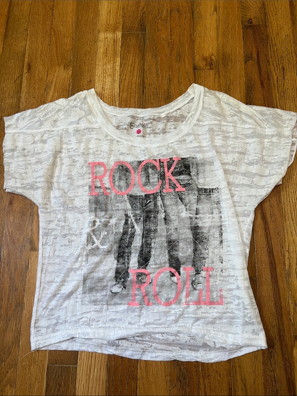 Energie White Tee with Black Photo Graphic and Pink "ROCK ROLL" Text